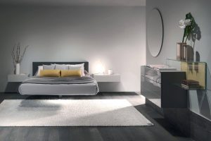 gray color theme room with floating bed