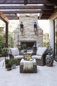 modern outdoor white stone fireplace