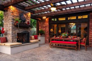 dark brown wood pergola standing fireplace 