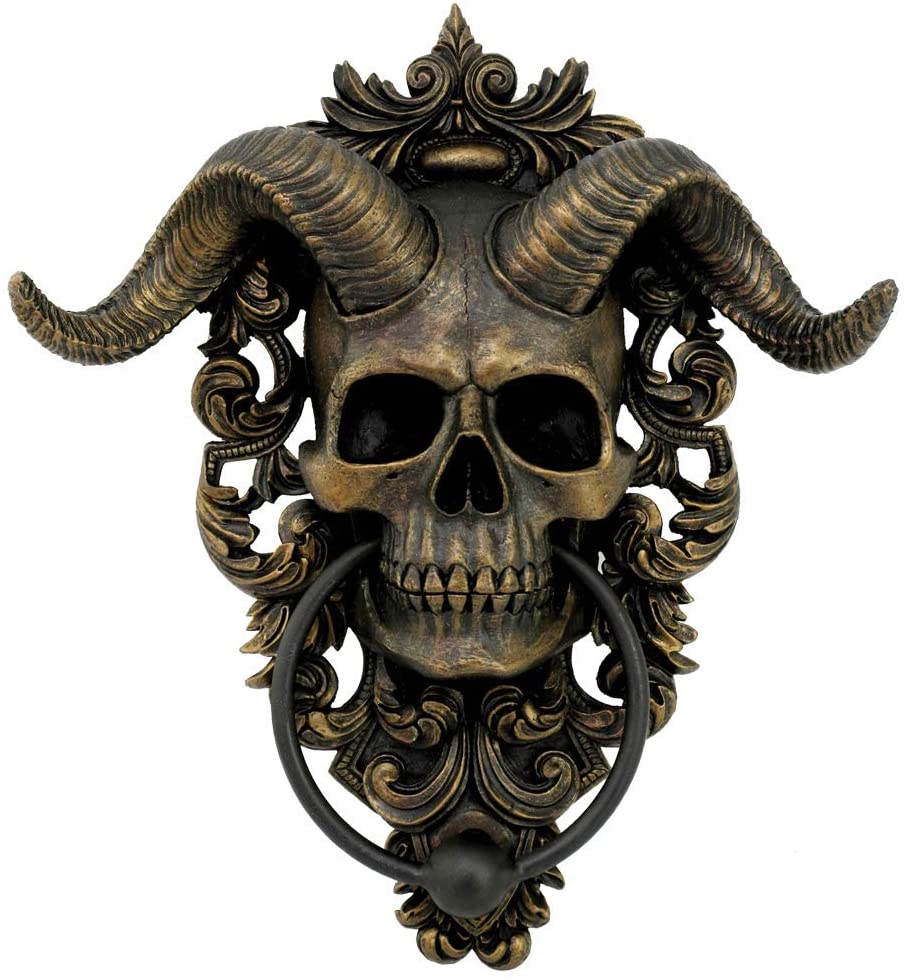 antique gold finished skull with horns door knocker