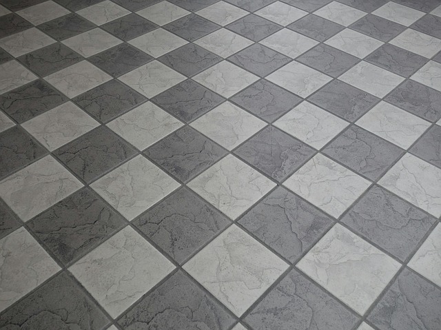 ceramic square tiles in alternating gray and white square pattern