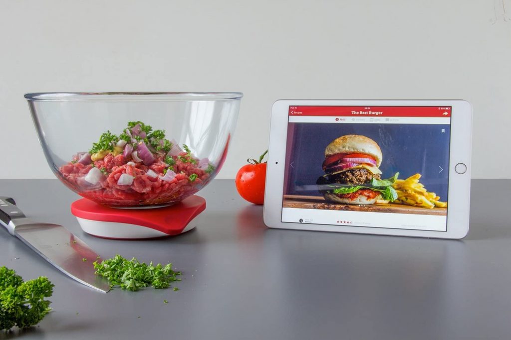 kitchen smart scale with app food in a bowl on a scale