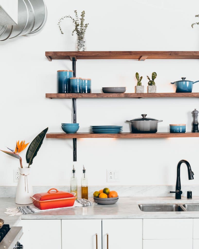 modern kitchen with open shelving with kitchenware